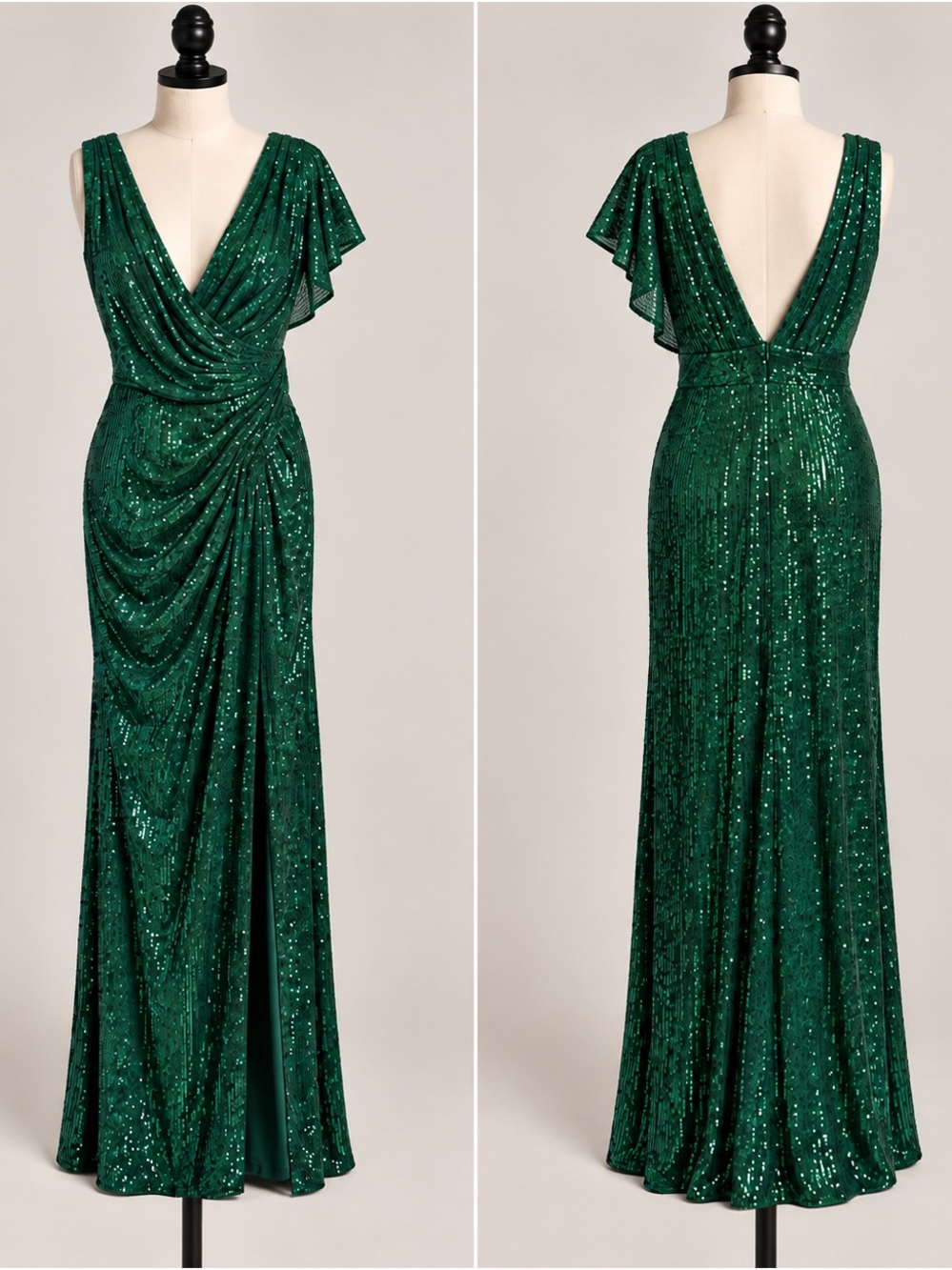 Mac Duggal Emerald Green Sequin Draped Maxi Gown